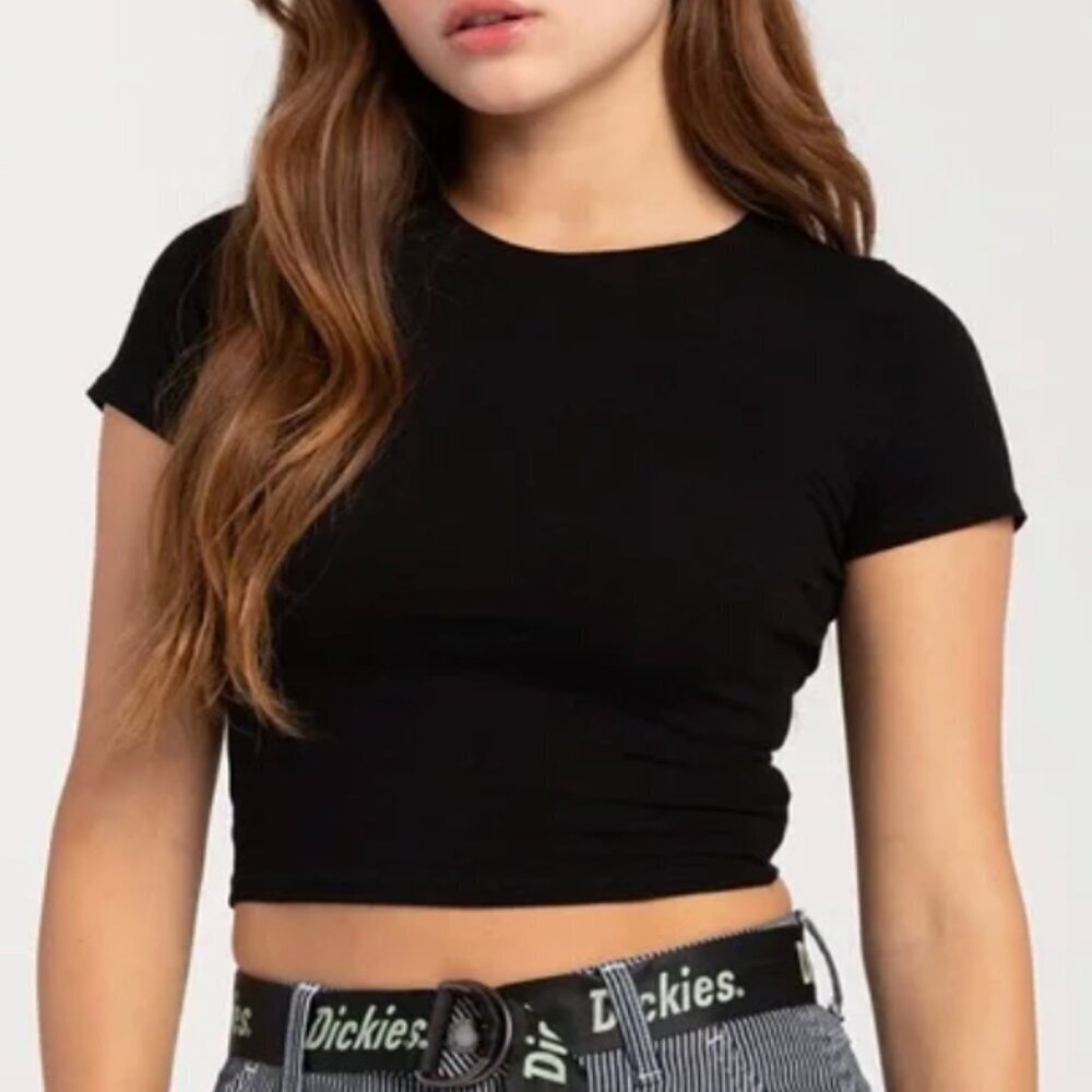 Bozzolo Women's Size‎ Large Ribbed Crop Top T-Shirt Black Crewneck Short Sleeve